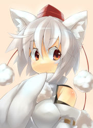 Rule 34 | 1girl, animal ears, blush, detached sleeves, female focus, hat, inubashiri momiji, page (page1555), red eyes, short hair, simple background, sleeves past wrists, smile, solo, tail, tokin hat, touhou, white hair, wide sleeves, wolf ears, wolf tail