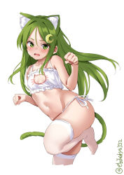 Rule 34 | 1girl, alternate costume, animal ears, bra, cat ear panties, cat ears, cat lingerie, cat tail, cleavage cutout, clothing cutout, cowboy shot, crescent, crescent hair ornament, crescent pin, ebifurya, embarrassed, eyebrows, forehead, frilled bra, frills, green eyes, green hair, hair ornament, highres, kantai collection, lingerie, long hair, looking at viewer, meme attire, nagatsuki (kancolle), open mouth, panties, side-tie panties, simple background, solo, standing, standing on one leg, tail, thighhighs, twitter username, underwear, underwear only, white background, white bra, white panties, white thighhighs
