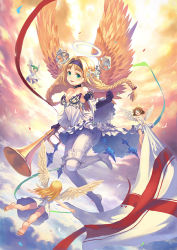 Rule 34 | 4girls, angel, bare shoulders, black gloves, boots, braid, breasts, brown hair, cleavage, cloud, cloudy sky, collar, commentary request, detached sleeves, dress, elbow gloves, fairy, feathered wings, feathers, flag, flying, frilled sleeves, frills, gloves, green eyes, green hair, hair ornament, hair ribbon, hairband, halo, high heel boots, high heels, holding, instrument, judgement (tarot), layered dress, leg up, long hair, looking at another, looking at viewer, medium breasts, multiple girls, original, pantyhose, ponzu (catponz), red ribbon, ribbon, short hair, sky, solo focus, tarot, tarot (medium), thigh boots, thighhighs, tress ribbon, trumpet, twin braids, twintails, white dress, white footwear, white legwear, wide sleeves, wings