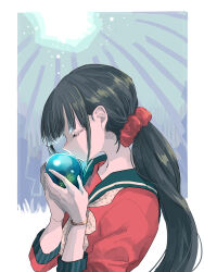 Rule 34 | 1girl, ball, black hair, black sailor collar, blunt bangs, border, bow, bowtie, check spoilers, closed eyes, collared shirt, commentary request, danganronpa (series), danganronpa v3: killing harmony, eyelashes, fingernails, from side, gold bracelet, grass, hair ornament, hair scrunchie, harukawa maki, highres, holding, holding ball, light, long hair, long sleeves, low twintails, mole, mole under eye, object kiss, outside border, polka dot bowtie, red scrunchie, red shirt, red sleeves, ruins, sailor collar, sailor shirt, sarami (sa rami30), scrunchie, shirt, sleeves past elbows, solo, spoilers, twintails, upper body, very long hair, white border, white bow, white bowtie