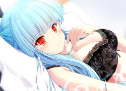 Rule 34 | 1girl, black bra, blue hair, blunt bangs, blush, bra, breasts, cleavage, collarbone, eyebrows, lace, lace-trimmed bra, lace trim, large breasts, long hair, looking at viewer, maritchi, pillow, red eyes, ring dream, sasaki yukime, smile, solo, underwear, unmoving pattern, yuki onna (ring dream)