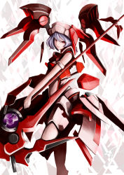 Rule 34 | 1girl, adapted costume, alternate costume, armor, clenched teeth, highres, koyuki (h4k4isin), light purple hair, looking at viewer, mecha musume, mechanical parts, mechanical wings, parted lips, polearm, red eyes, remilia scarlet, short hair, solo, spear, staff, standing, standing on one leg, teeth, touhou, wand, weapon, wings