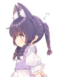 Rule 34 | 1girl, animal ears, apron, blush, closed mouth, commentary request, copyright request, dress, fake animal ears, final fantasy, final fantasy xiv, hair between eyes, kurokuma (kuro kumagaya), lalafell, long hair, looking away, pointy ears, ponytail, puffy short sleeves, puffy sleeves, purple dress, purple eyes, purple hair, ringlets, shirt, short sleeves, sidelocks, simple background, sleeveless, sleeveless dress, smile, solo, thick eyebrows, translation request, waist apron, white apron, white background, white shirt