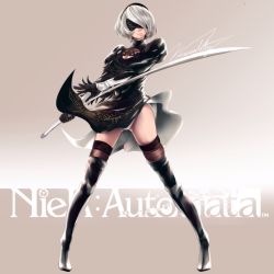 Rule 34 | 1girl, black hairband, blindfold, boots, breasts, cleavage, copyright name, covered eyes, dress, facing viewer, feather-trimmed sleeves, full body, hairband, highres, juliet sleeves, katana, leotard, leotard under clothes, long sleeves, medium breasts, nier (series), nier:automata, no mole, puffy sleeves, ribbed dress, signature, silver hair, solo, standing, sword, thigh boots, thighhighs, thighhighs under boots, vambraces, vinsuality, weapon, white leotard, wind, wind lift, 2b (nier:automata)