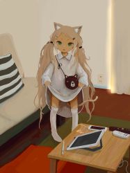 Rule 34 | 1girl, absurdres, animal ears, aqua eyes, bad id, bad twitter id, blonde hair, cat ears, cat girl, cat tail, cellphone, charging, child, clothes lift, collared dress, controller, couch, curtains, cushion, drawing tablet, dress, dress lift, fangs, female focus, hair ornament, hairclip, highres, indoors, lifted by self, looking at viewer, ohgnokuni, open mouth, original, phone, remote control, rug, smartphone, solo, standing, table, tail, twintails, white legwear