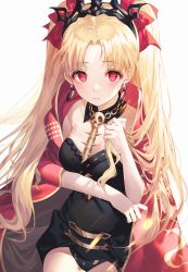 Rule 34 | 1girl, ahoge, bare shoulders, black collar, black dress, blonde hair, blush, bow, breasts, cape, closed mouth, collar, commentary request, detached collar, dress, earrings, ereshkigal (fate), fate/grand order, fate (series), groin, hair between eyes, highres, infinity symbol, jewelry, kinty, long hair, looking at viewer, medium breasts, parted bangs, red bow, red cape, red eyes, skull, solo, spine, tiara, two side up, very long hair, white background