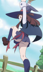 Rule 34 | 10s, 1girl, arms up, ass, brown hair, cape, convenient censoring, haruyama kazunori, hat, kagari atsuko, little witch academia, long hair, looking at viewer, looking back, no panties, red eyes, red ribbon, ribbon, socks, solo, standing, standing on one leg, witch hat