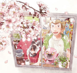 Rule 34 | 2boys, :d, a106, a107, apron, atom: the beginning, big nose, broom, brown hair, cherry blossoms, couch, cup, day, highres, iyo (kurumiwarin), looking outside, male focus, mug, multiple boys, ochanomizu hiroshi, on couch, open mouth, plant, potted plant, robot, shirt, sleeping, smile, t-shirt, tenma umatarou, window