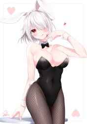 Rule 34 | 1girl, :q, animal ears, asymmetrical bangs, bare shoulders, black bow, black bowtie, black leotard, black pantyhose, blush, bow, bowtie, breasts, cleavage, contrapposto, covered navel, detached collar, fishnet pantyhose, fishnets, grey hair, groin, hair over one eye, highleg, highleg leotard, highres, large breasts, leotard, licking lips, long bangs, looking at viewer, nagura shiro, narrow waist, original, pantyhose, playboy bunny, rabbit ears, rabbit tail, red eyes, short hair, solo, strapless, strapless leotard, tail, tongue, tongue out, wide hips, wrist cuffs