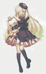 Rule 34 | 1girl, blonde hair, boots, covering own mouth, dress, earrings, full body, gloves, hat, highres, holding, holding stuffed toy, jewelry, long hair, mayu (vocaloid), olinyuu, solo, stuffed animal, stuffed rabbit, stuffed toy, very long hair, vocaloid, yellow eyes