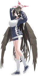 Rule 34 | 1girl, absurdres, arms behind head, arms up, black choker, black hair, black wings, blue archive, blue footwear, blue jacket, blue shorts, blush, breasts, choker, commentary, feathered wings, full body, hair between eyes, halo, hasumi (blue archive), hasumi (track) (blue archive), highres, jacket, joker (tomakin524), large breasts, legs, long hair, long sleeves, looking at viewer, low wings, multicolored clothes, multicolored jacket, parted lips, partially unzipped, ponytail, red eyes, shirt, short shorts, shorts, sidelocks, simple background, socks, solo, standing, standing on one leg, tachi-e, taut clothes, taut shirt, thighs, track jacket, two-tone footwear, two-tone jacket, two-tone shorts, very long hair, white background, white shirt, white socks, wings