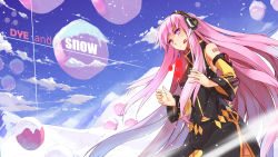 Rule 34 | 1girl, avtechno!, cloud, detached sleeves, dye (vocaloid), headphones, headset, highres, long hair, looking at viewer, megurine luka, mountain, pink eyes, pink hair, sky, snow, solo, text focus, very long hair, vocaloid, wallpaper, x-boy