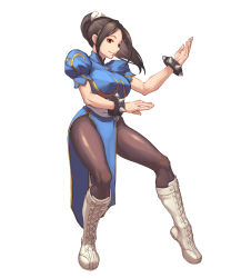 Rule 34 | 1girl, artist request, boots, bracelet, breasts, brown eyes, brown hair, brown pantyhose, china dress, chinese clothes, closed mouth, commentary, cross-laced footwear, dress, fatal fury, fighting stance, full body, gold trim, highres, jewelry, knee boots, lace-up boots, large breasts, lips, long hair, looking at viewer, pantyhose, pelvic curtain, ponytail, puffy short sleeves, puffy sleeves, shiny clothes, shiranui mai, short sleeves, simple background, smile, solo, spiked bracelet, spikes, the king of fighters, white background, white footwear