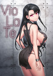 Rule 34 | 1girl, ass, asymmetrical bangs, bare arms, bare shoulders, black dress, black hair, bracelet, breasts, cain (gunnermul), closed mouth, collar, commentary request, cowboy shot, dress, english text, from side, highres, jewelry, korean commentary, large breasts, long hair, looking at viewer, looking to the side, mixed-language commentary, original, red eyes, scowl, sideboob, sleeveless, sleeveless dress, solo, thighs, torn clothes, torn dress, v-shaped eyebrows, very long hair, wall