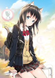 Rule 34 | 1girl, :&lt;, animal ear fluff, animal ears, bag, black hair, black jacket, black skirt, blazer, blue eyes, blue sky, blush, bookbag, bow, bowtie, cardigan, cat ears, cat girl, cat tail, closed mouth, cloud, cloudy sky, collarbone, collared shirt, commentary request, day, head tilt, jacket, juna, long hair, long sleeves, open clothes, open jacket, original, outdoors, plaid, plaid skirt, pleated skirt, railing, red bow, red bowtie, road sign, school bag, school uniform, shirt, sign, sitting, skirt, sky, sleeves past wrists, solo, tail, white shirt