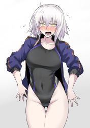 Rule 34 | 1girl, :o, adapted costume, against wall, ahoge, black one-piece swimsuit, blue jacket, blush, breasts, collarbone, competition swimsuit, covered navel, cowboy shot, double vertical stripe, embarrassed, fate/grand order, fate (series), flying sweatdrops, gluteal fold, gradient background, grey background, groin, hair between eyes, halcon, high collar, highleg, highleg swimsuit, highres, hip focus, jacket, jeanne d&#039;arc (fate), jeanne d&#039;arc alter (avenger) (fate), jeanne d&#039;arc alter (fate), large breasts, legs together, long sleeves, looking at viewer, nervous, nose blush, one-piece swimsuit, open clothes, open jacket, pale skin, short hair, sketch, solo, standing, swimsuit, swimsuit under clothes, tears, thigh gap, thighs, track jacket, v-shaped eyebrows, white background, white hair, wide-eyed, yellow eyes