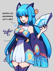 Rule 34 | 1girl, :d, bare shoulders, blue hair, blue nails, cleavage cutout, clothing cutout, creatures (company), detached sleeves, dress, game freak, gen 3 pokemon, hand fan, highres, holding, holding fan, kyogre, legendary pokemon, light blush, long hair, looking at viewer, nail polish, nintendo, open mouth, orange eyes, personification, pokemon, smile, solo, touyarokii