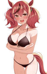 Rule 34 | 1girl, absurdres, animal ears, bare arms, bare shoulders, bikini, black bikini, blush, breasts, brown eyes, cleavage, collarbone, commentary request, cowboy shot, hair between eyes, highres, horse ears, large breasts, looking at viewer, medium hair, navel, newon, nice nature (umamusume), open mouth, red hair, simple background, solo, standing, stomach, swimsuit, tail, thighs, twintails, umamusume, white background