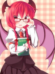Rule 34 | 1girl, adjusting eyewear, alternate hairstyle, bad id, bad pixiv id, bat wings, bespectacled, blush, book, hugging book, braid, checkered background, glasses, hair ribbon, head wings, highres, holding, holding book, juliet sleeves, koakuma, long hair, long sleeves, looking at viewer, necktie, hugging object, open mouth, puffy sleeves, red-framed eyewear, red eyes, red hair, red necktie, ribbon, shirt, skirt, skirt set, solo, touhou, twin braids, vest, wings, y chan6262, yucchan (drizzle star)