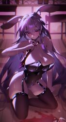 Rule 34 | 1girl, alternate costume, animal ears, bare shoulders, black leotard, black thighhighs, breasts, chair, cleavage, covered navel, detached collar, garter straps, highres, large breasts, leotard, light blush, long hair, looking at viewer, necktie, open mouth, playboy bunny, purple hair, rabbit ears, rabbit girl, rabbit tail, rakugakiman2222, red eyes, reisen udongein inaba, solo, spill, strapless, strapless leotard, sweatdrop, tail, thighhighs, touhou, very long hair