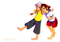 Rule 34 | 2boys, absurdres, barefoot, blush, child, copyright name, highres, kingdom hearts, male focus, multiple boys, new race, short hair, simple background, sora (kingdom hearts), toes, white background