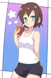 Rule 34 | 1girl, absurdres, aile (mega man zx), black shorts, blush, brown hair, buzzlyears, drinking straw, drinking straw in mouth, green eyes, highres, looking at viewer, medium hair, mega man (series), mega man zx, short hair, shorts, tagme, tank top, white tank top