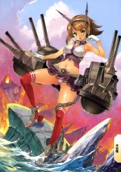 Rule 34 | 10s, 1girl, :d, absurdres, anchor, bare shoulders, breasts, brown hair, cannon, fire, gloves, green eyes, hairband, headgear, high heels, highres, iceberg, kantai collection, kiya shii, large breasts, midriff, miniskirt, mutsu (kancolle), navel, open mouth, panties, pantyshot, personification, pleated skirt, red thighhighs, scan, shiny skin, shirt, short hair, skirt, smile, solo, standing, thighhighs, turret, underwear, water, wet, wet clothes, wet shirt, white gloves, white panties