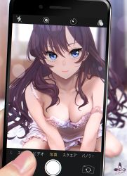 Rule 34 | 1girl, :3, artist logo, blue eyes, blush, breasts, brown hair, cellphone, cellphone photo, chemise, cleavage, closed mouth, collarbone, dress, frills, hair between eyes, highres, ichinose shiki, idolmaster, idolmaster cinderella girls, infinote, kneeling, lips, long hair, looking at viewer, medium breasts, off-shoulder dress, off shoulder, on bed, phone, signature, sitting, smile, solo, strap slip, wavy hair