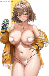 Rule 34 | 1girl, abpart, anis (nikke), anis (sparkling summer) (nikke), bare shoulders, bikini, breasts, brown eyes, brown hair, can, collarbone, cowboy shot, drink can, eyepatch bikini, eyewear on head, goddess of victory: nikke, hair ornament, hairclip, hand on own hip, highres, holding, holding can, jacket, jewelry, large breasts, navel, off shoulder, pendant, pink nails, soda can, solo, stomach, sunglasses, swimsuit, thighs, white bikini, yellow jacket