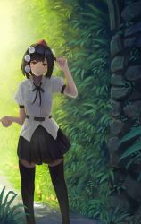Rule 34 | 1girl, belt, black hair, black ribbon, black skirt, black thighhighs, closed mouth, collared shirt, day, feet out of frame, fjsmu, twirling hair, hand up, hat, highres, looking at viewer, miniskirt, nature, neck ribbon, outdoors, plant, pleated skirt, pom pom (clothes), puffy short sleeves, puffy sleeves, red eyes, ribbon, road, rock, shameimaru aya, shirt, short hair, short sleeves, skirt, smile, solo, standing, sunlight, thighhighs, tokin hat, touhou, white shirt, zettai ryouiki