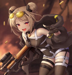 Rule 34 | 1girl, :d, belt, black gloves, black thighhighs, blonde hair, breasts, bullpup, chagara, commentary request, commission, covered navel, cowboy shot, double bun, eyewear on head, fingerless gloves, girls&#039; frontline, gloves, gun, hair bun, highres, holding, holding weapon, leaning forward, looking at viewer, micro shorts, open mouth, p90, p90 (girls&#039; frontline), p90 (scarlet turbo) (girls&#039; frontline), paid reward available, personal defense weapon, red eyes, shell casing, short hair, shorts, skeb commission, small breasts, smile, solo, standing, standing on one leg, submachine gun, sunglasses, tank top, thigh strap, thighhighs, trigger discipline, twitter username, v-shaped eyebrows, watermark, weapon