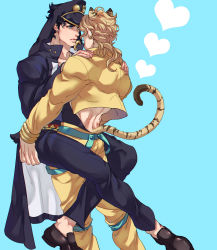 Rule 34 | 2boys, animal ears, backless leotard, black hair, blonde hair, cropped jacket, dio brando, face-to-face, hat, heart, highres, holding person, jojo no kimyou na bouken, kuujou joutarou, leg lock, leotard, less end, long coat, male focus, multiple boys, muscular, muscular male, rabbit ears, rabbit tail, stardust crusaders, tail, tiger ears, tiger tail, yaoi