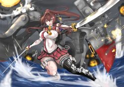 Rule 34 | 1girl, anchor ornament, breasts, brown hair, cannon, clothes writing, collar, dual wielding, headgear, highres, holding, kantai collection, ken (shutenndouji1), kikumon, large breasts, long hair, machinery, metal collar, pleated skirt, ponytail, red sailor collar, red skirt, sailor collar, single thighhigh, skirt, solo, thighhighs, turret, water, yamato (kancolle)