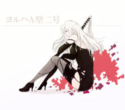 Rule 34 | 1girl, character name, from side, full body, high heels, long hair, looking at viewer, miyako (anicon), nier (series), nier:automata, silver hair, sitting, solo, sword, thighhighs, weapon, a2 (nier:automata)