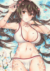 Rule 34 | 1girl, bikini, blush, breasts, brown eyes, brown hair, bud, cameltoe, covered erect nipples, flower, hair between eyes, hair flower, hair ornament, highres, kantai collection, large breasts, long hair, lying, marker (medium), navel, on back, parted lips, petals, pink flower, ponytail, saya pr, solo, swimsuit, traditional media, very long hair, water, white bikini, white flower, yamato (kancolle)