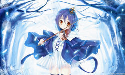 Rule 34 | 1girl, blue hair, brown eyes, caidychen, cowboy shot, cross, dhiea, dhiea seville (pause), dress, instrument, pause (dhiea), solo, thighhighs, violin