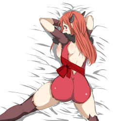 Rule 34 | 10s, 1girl, a.ringo, ass, bed, breast press, breasts, breasts out, demon girl, female focus, from behind, gloves, horns, large breasts, looking back, lying, maou (maoyuu), maoyuu maou yuusha, on stomach, red eyes, red hair, solo, tenjiku nezumi, thighhighs, thighs