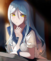 Rule 34 | 1girl, abyssal ship, grey hair, hair between eyes, hand up, kantai collection, leaning on object, long hair, looking at viewer, neckerchief, open mouth, sailor collar, sailor shirt, shiny skin, shirt, short sleeves, slit pupils, solo, ta-class battleship, upper body, walzrj, yellow eyes