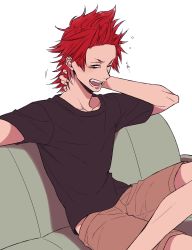 Rule 34 | 10s, 1boy, boku no hero academia, brown eyes, couch, highres, kirishima eijirou, male focus, one eye closed, open mouth, raurii, red hair, simple background, sitting, solo, spiked hair, teeth, white background, yawning