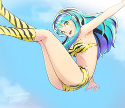 Rule 34 | 1girl, animal print, armpits, arms up, ass, bikini, boots, breasts, cloud, commentary request, cone horns, floating, green hair, haruyama kazunori, horns, knee boots, kneepits, legs, legs up, long hair, lum, oni, open mouth, outdoors, outstretched arms, print bikini, print footwear, sky, smile, solo, swimsuit, thighs, tiger print, urusei yatsura, yellow bikini, yellow footwear