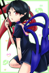 Rule 34 | 1girl, asymmetrical wings, between legs, black dress, black hair, border, bow, bowtie, cowboy shot, dress, flying saucer, green border, hand between legs, heart, highres, hong wang, houjuu nue, looking at viewer, looking to the side, open mouth, pointy ears, polearm, red eyes, short hair, solo, spacecraft, touhou, trident, ufo, weapon, wings