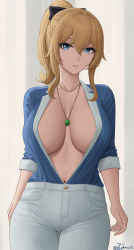 Rule 34 | 1girl, absurdres, blonde hair, blue eyes, blue shirt, breasts, cowboy shot, denim, genshin impact, high-waist pants, highres, jean (genshin impact), jeans, jewelry, large breasts, lips, navel, necklace, open clothes, open shirt, pants, parted lips, ponytail, shirt, shirt tucked in, solo, thigh gap, zaphn