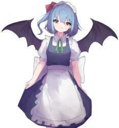 Rule 34 | 1girl, absurdres, bat wings, blue hair, blurry, blurry foreground, closed mouth, commentary request, cosplay, hat, hat ribbon, highres, izayoi sakuya, izayoi sakuya (cosplay), looking at viewer, maid, maid headdress, matcha yado, one side up, pocket watch, red eyes, red ribbon, remilia scarlet, ribbon, short sleeves, simple background, smile, solo, touhou, watch, white background, wings