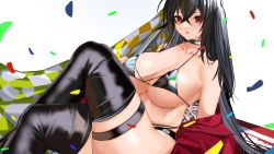 Rule 34 | 1girl, azur lane, bare shoulders, bikini, black bikini, black choker, black hair, black thighhighs, blush, breasts, choker, cleavage, crossed legs, hair between eyes, highres, j.moon, jacket, large breasts, long hair, looking at viewer, official alternate costume, parted lips, race queen, red eyes, red jacket, solo, swimsuit, taihou (azur lane), taihou (enraptured companion) (azur lane), thighhighs