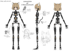 Rule 34 | 1girl, animal ear fluff, animal ears, arms at sides, brown eyes, brown hair, cat ears, cat girl, cat tail, character sheet, commentary request, commission, english text, from behind, from side, highres, joints, mechanical parts, multiple views, original, piston, robot girl, robot joints, short hair, skeb commission, smile, standing, straight-on, suzukou, tail, white background
