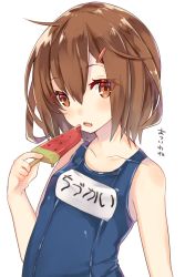 Rule 34 | 10s, 1girl, blonde hair, brown eyes, brown hair, food, hair ornament, hairclip, ikazuchi (kancolle), kantai collection, name tag, one-piece swimsuit, popsicle, sakofu, school swimsuit, short hair, simple background, solo, swimsuit, watermelon bar