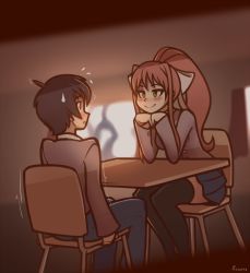 Rule 34 | 1boy, 1girl, artist name, black hair, black thighhighs, blue skirt, blurry, blurry background, blush, brown hair, chair, commentary, desk, doki doki literature club, elbow rest, english commentary, green eyes, grey jacket, hair ornament, highres, jacket, long hair, looking at another, monika (doki doki literature club), piesarts, pleated skirt, ponytail, protagonist (doki doki literature club), ribbon, school uniform, short hair, sitting, skirt, smile, sweat, thighhighs, white ribbon
