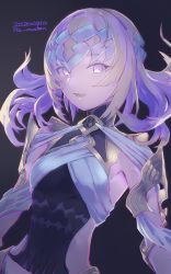Rule 34 | 1girl, armpits, bad id, bad twitter id, blonde hair, dark background, fate/grand order, fate (series), headpiece, highres, itu maden, long hair, looking at viewer, open mouth, pollux (fate), purple eyes, solo, upper body, watermark
