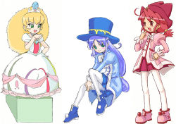 Rule 34 | 00s, 3girls, ahoge, altessa, big hair, blonde hair, blue hair, blush, boots, bow, bowtie, brooch, chaba, chaba (chabanyu), choker, diamond (gemstone), dress, earrings, fine (futagohime), fushigiboshi no futago hime, gown, green eyes, hand on own hip, hat, hime, hip focus, jewelry, long hair, multiple girls, own hands clasped, own hands together, pantyhose, pink hair, ponytail, princess, red eyes, red skirt, rein (futagohime), shogakukan, short hair, short twintails, sket, skirt, smile, tiara, top hat, turtleneck, twintails, very long hair, white pantyhose
