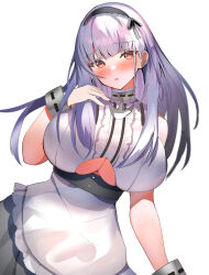 Rule 34 | aa44, anchor choker, anchor necklace, apron, azur lane, black hairband, breasts, center frills, choker, clothing cutout, dido (azur lane), dress straps, frilled choker, frills, hairband, hand on own chest, highres, jewelry, lace-trimmed hairband, lace trim, light blush, looking at viewer, maid, necklace, red eyes, underboob, underboob cutout, waist apron, white apron, white background, white hair